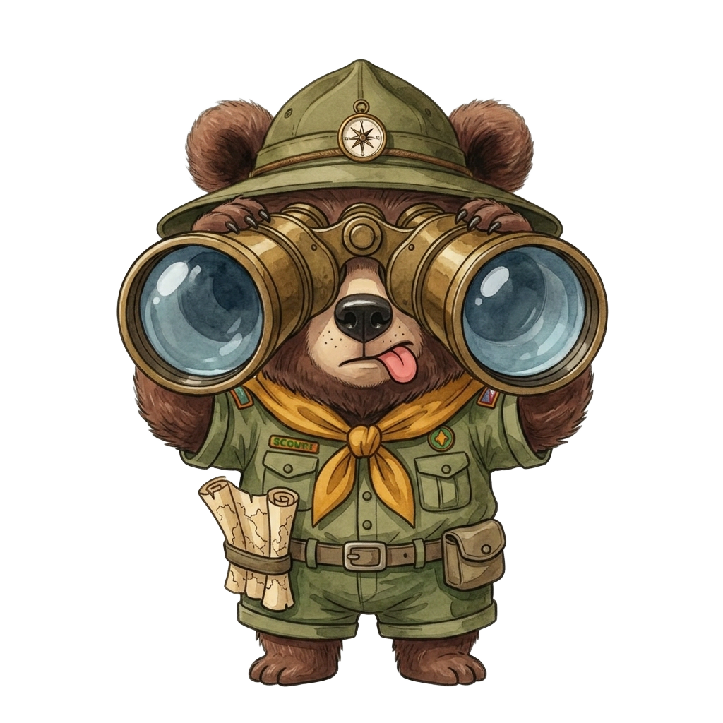 Scout bear with enormous binoculars