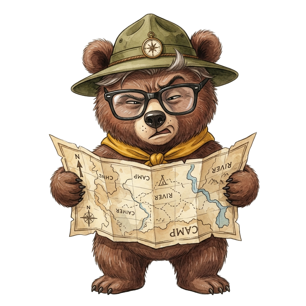 Scout bear squinting at an upside-down map